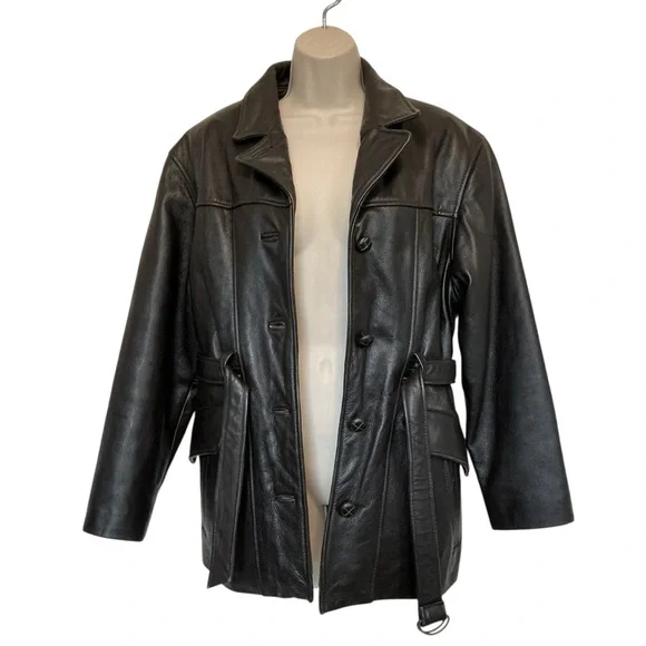 Vintage TW Tannery West Womens Med Black Lined Leather Belted Jacket Hipster Y2K - Picture 2 of 14